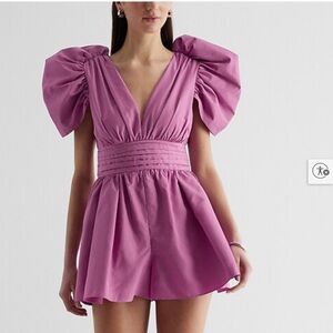 Express Pink V Neck Puff Sleeve Pleated Romper